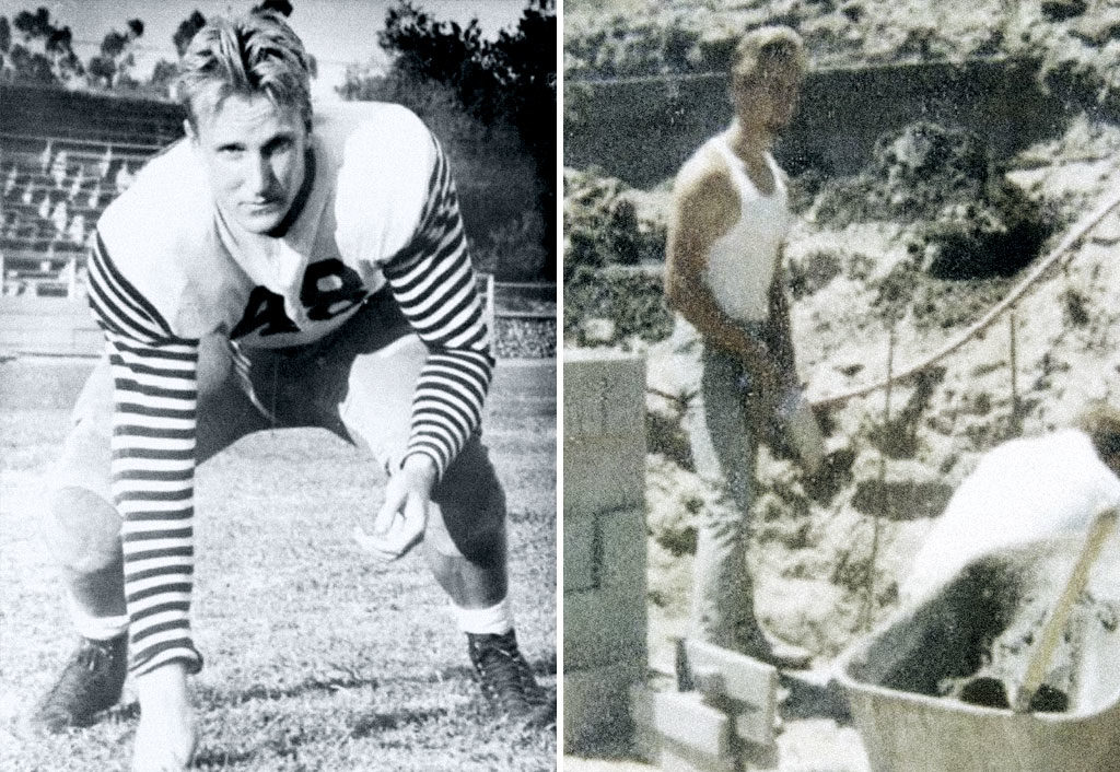 Fred Steudler, Sr. as football player and founder of Steudler Masonry Construction on jobsite