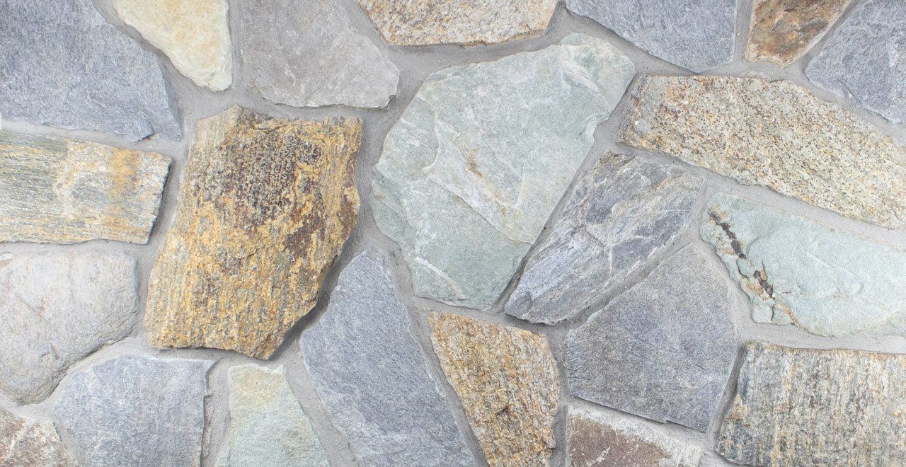 Aqua Terra Webwall veneer stone masonry - Mosaic Stone - fieldstone veneer - Buechel Stone product swatch photo - Full & Thin Stone Veneer